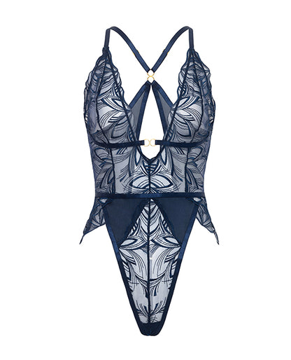 Davina V-Plunge Embroidered Teddy w/Double Ring Charm - Navy MD