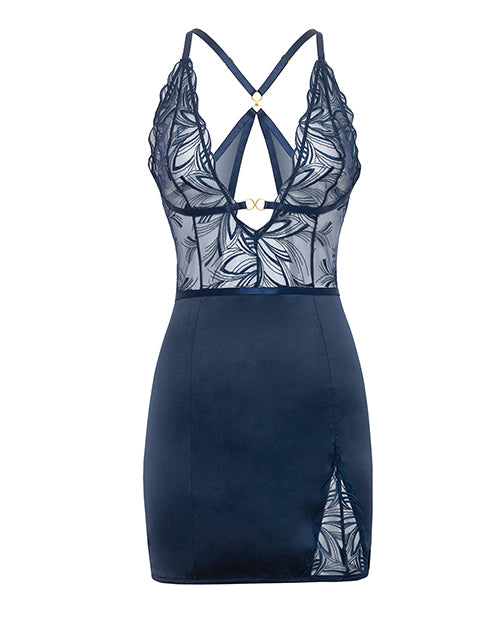 Davina V-Plunge Embroidered Babydoll w/Double Ring Charm - Navy SM