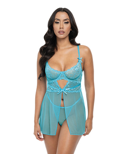Emma Floral Lace & Mesh Underwire Babydoll w/G-String 2 pc Set - Beach Blue SM