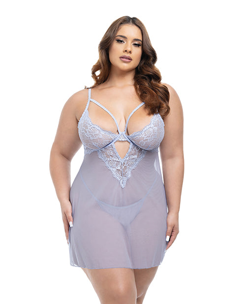 Oh La La Cheri Elsie Lace & Mesh Underwire Babydoll w/G-String 2 pc Set - Brunnera Blue 1X/2X - Image 4