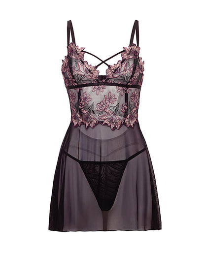 Adela Embroidered Boned Lace and Mesh Babydoll w/G-String 2 pc Set - Black/Pink 2X