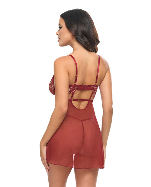 Arielle Unlined Underwire Lace Babydoll w/G-String - Burgundy L/XL