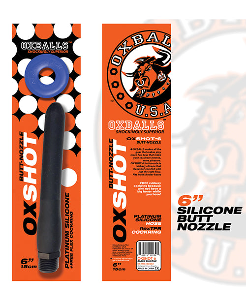 Oxballs Oxballs Oxshot 6" Silicone Butt Nozzle w/Flex Cockring - Black/Blue - Image 2