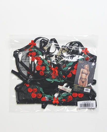 Cherry Delight Embroidered Lace and Mesh Underwire Bra w/Garter & G-String 3 pc Set - Black XL