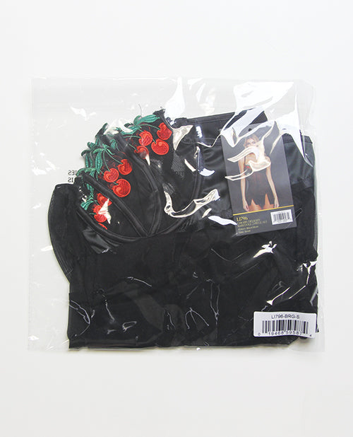 Cherry Delight Embroidered Lace and Mesh Babydoll w/Balconette Cup & Thong 2 pc Set - Black MD