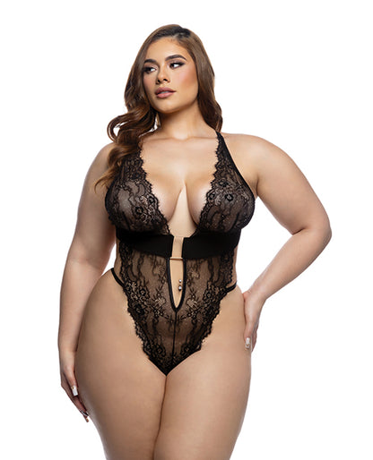 Fever Dream Chantilly Eyelash Lace and Stretch Satin Teddy - Black 1X