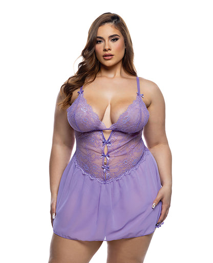 Roma Confidential Paradise Dream Lace and Mesh Babydoll w/Thong - Lilac 1X/2X - Image 3