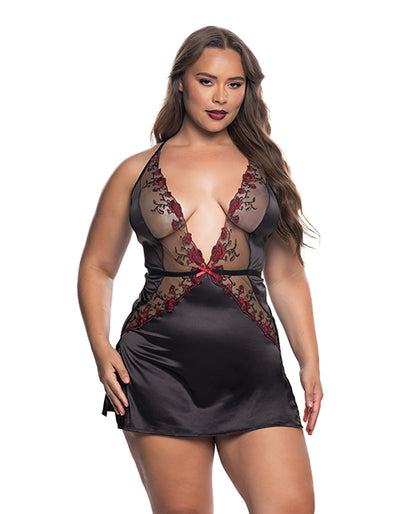 Blossom Beauty Embroidered Rose Lace Babydoll - Black/Red 1X