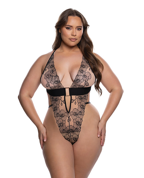 Orchid Blossom Embroidered Teddy - Black/Nude 1X