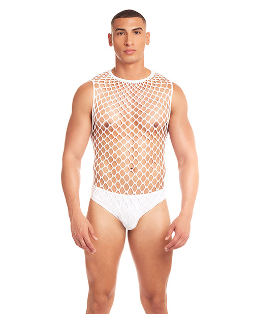 Rainbow Party Full Effect Large Mesh Unitard 2 pc Set w/Thong - White L/XL