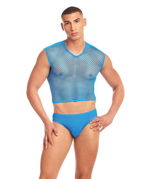 Rainbow Party Net-Flex Large Mesh 3 pc Set w/Thong - Blue L/XL