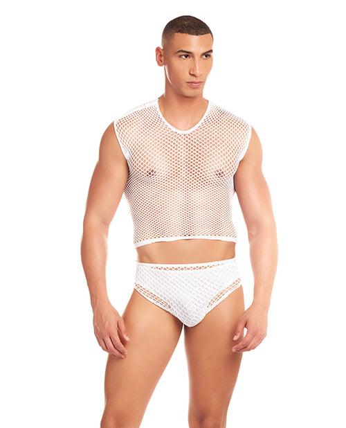 Rainbow Party Net-Flex Large Mesh 3 pc Set w/Thong - White L/XL