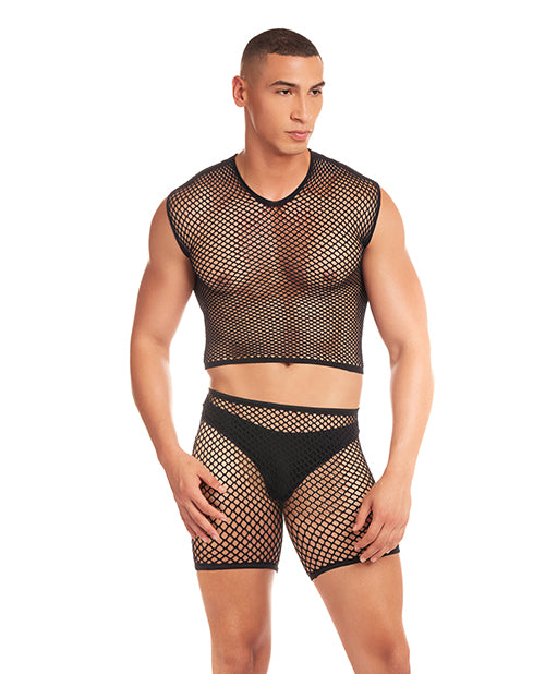 Rainbow Party Net-Bula Large Mesh Long Brief 3 pc Set w/Thong - Black L/XL