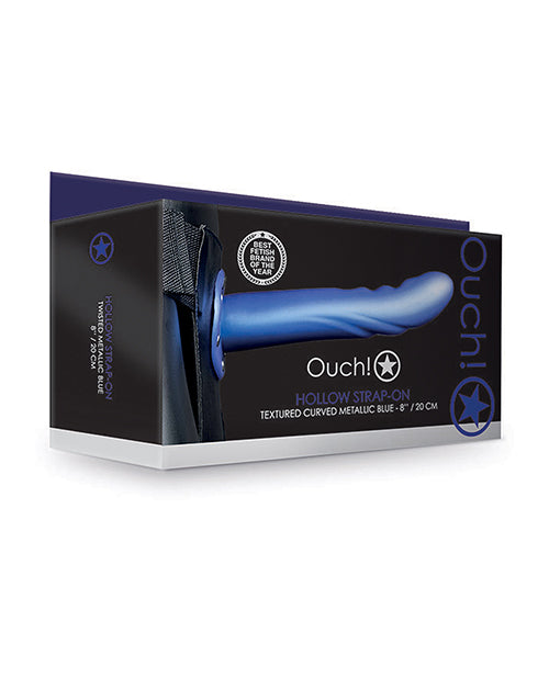Ouch Shots Ouch 8" Textured Curved Hollow Strap On - Metallic Blue - Image 3