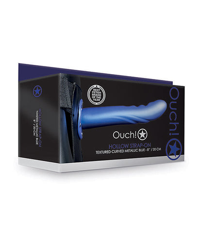 Ouch Shots Ouch 8" Textured Curved Hollow Strap On - Metallic Blue - Image 3