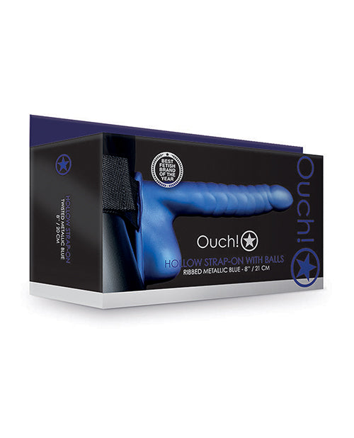 Ouch Shots Ouch 8" Ribbed Hollow Strap On w/Balls - Metallic Blue - Image 3