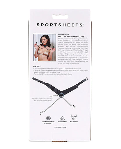 Sportsheets Velvet Noir Collar & Removable Clamps - Black