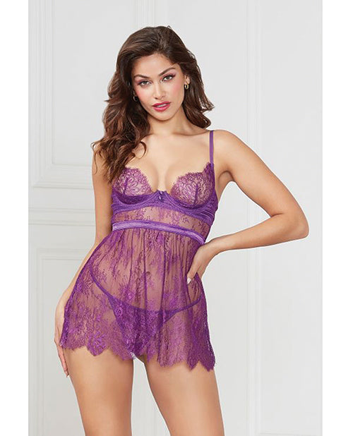 Floral Eyelash Lace Underwire Babydoll w/Thong 2 pc Set - Purple LG