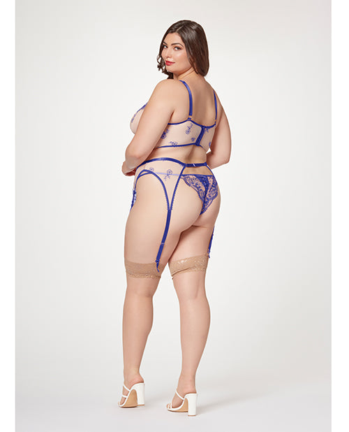 Seven 'til Midnight Sheer Stretch Mesh w/Floral Contrast Embroidery Bustier, Garter Belt & Thong Blue/Nude 3X/4X - Image 2
