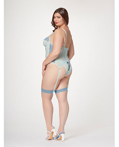Seven 'til Midnight Lace & Mesh Bustier w/Lace Up Center, Garter Belt & Thong Blue 1X/2X - Image 2