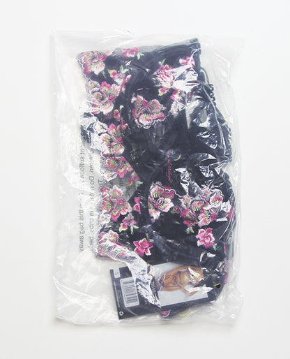 Floral Lace and Mesh Long Line Underwire Bra w/Garter & G-String - Black/Pink SM