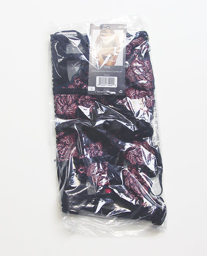 Floral Lace and Mesh Underwire Bustier w/Thong 2 pc Set - Black/Purple LG