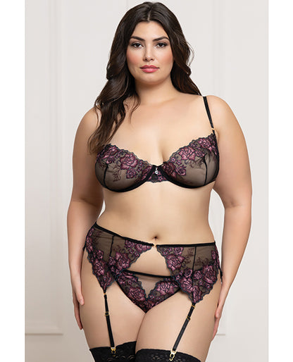Floral Lace and Mesh Underwire Bra w/Garter & Thong 3 pc Set - Black/Purple 1X/2X