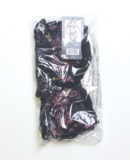 Floral Lace and Mesh Underwire Bra w/Garter & Thong 3 pc Set - Black/Purple SM