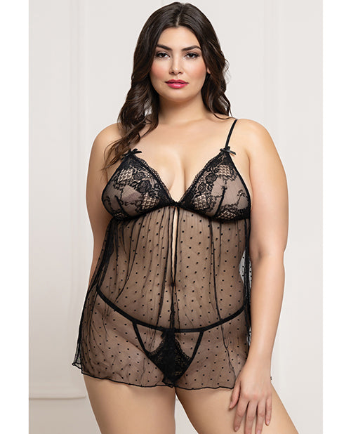 Lace and Dot Mesh Babydoll w/G-String - Black QN