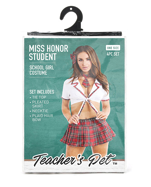 Teacher's Pet Ms Honor Student School Girl Tie Top, Pleated Skirt, Neck Tie & Hair Bow Red O/S