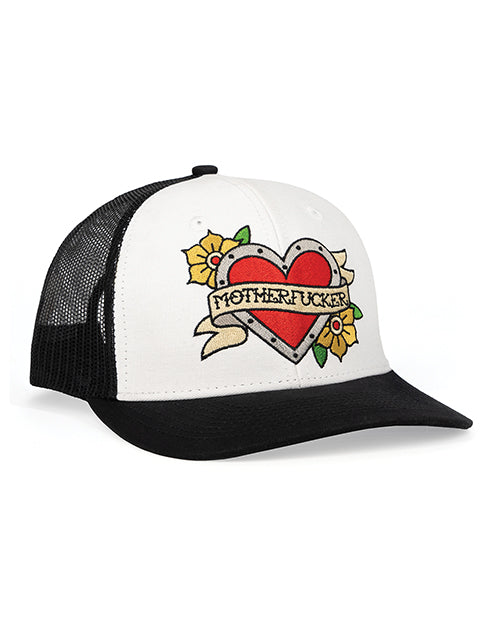 Wood Rocket Tattoo Heart Mother Fucker Trucker Hat - Black/White