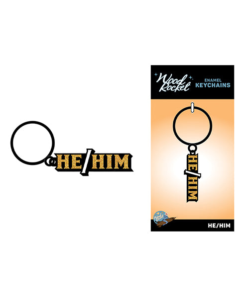 Wood Rocket He/Him Keychain - Black/Gold