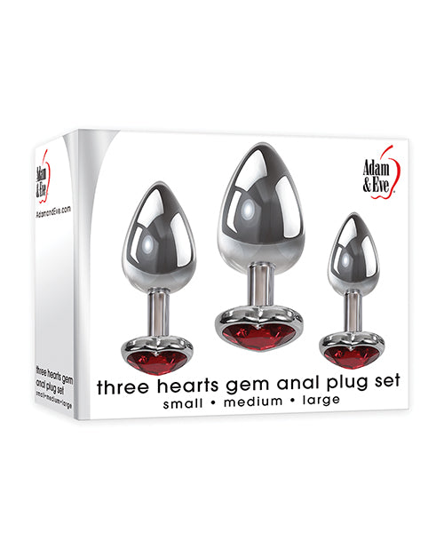 Adam & Eve Three Hearts Gem Anal Plug Set - Silver/Red