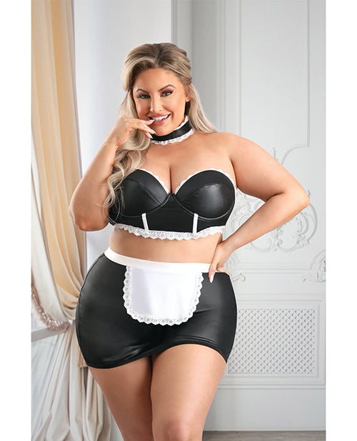 Play 5-Star Service Wetlook Bustier, Open Back Skirt, G-String & Choker Black/White 3X/4X