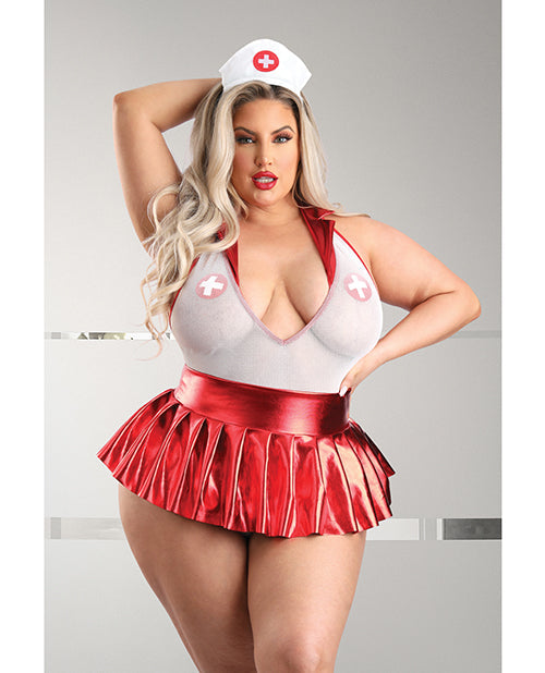 Play Pulse Check Collared Teddy w/Open Back, Pleated Skirt, Medic Hat & Pasties Red/White 3X/4X
