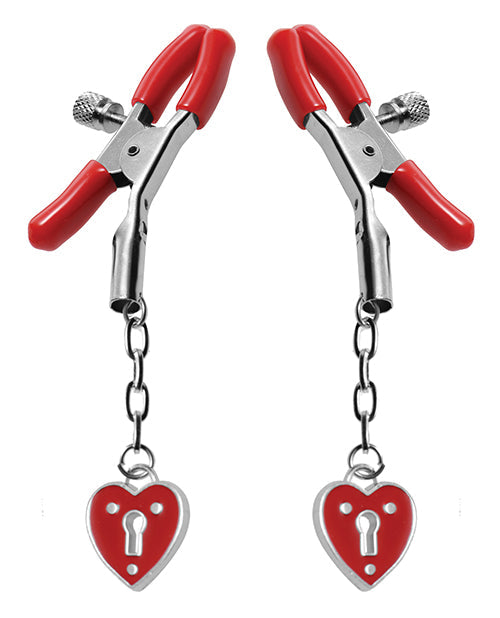 Master Series Charmed Heart Padlock Nipple Clamps - Red