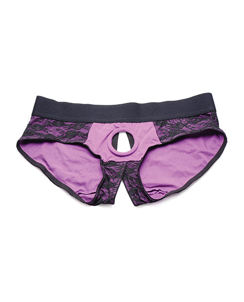 Strap U Lace Envy Crotchless Panty Harness - 3XL Purple