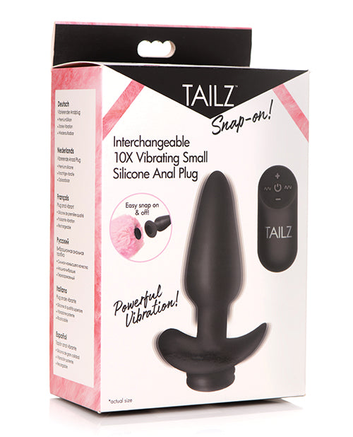 Tail Snap On Interchangeable 10X Vibrating Silicone Anal Plug w/Remote - Black Small