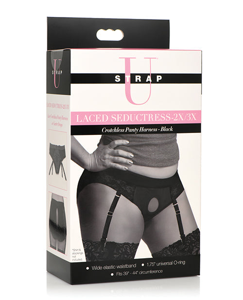 Strap U Laced Seductress Lace Crotchless Panty Harness w/Garter Straps - 2XL/3XL Black