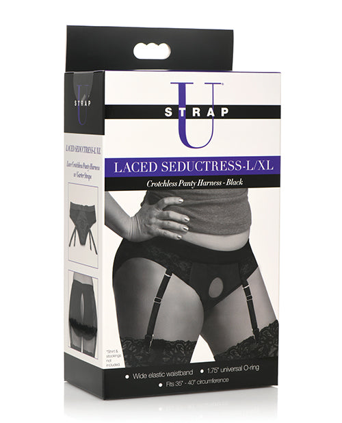 Strap U Laced Seductress Lace Crotchless Panty Harness w/Garter Straps - L/XL Black
